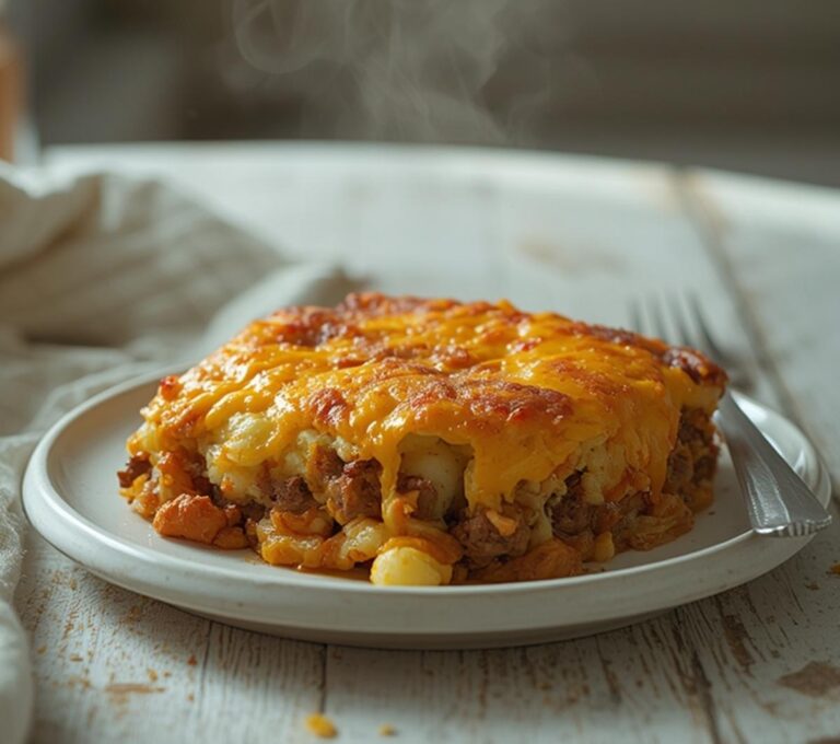 Low Carb Taco Casserole: A golden baked taco casserole with melted cheese and beef layers in a dish, low carb and keto-friendly.