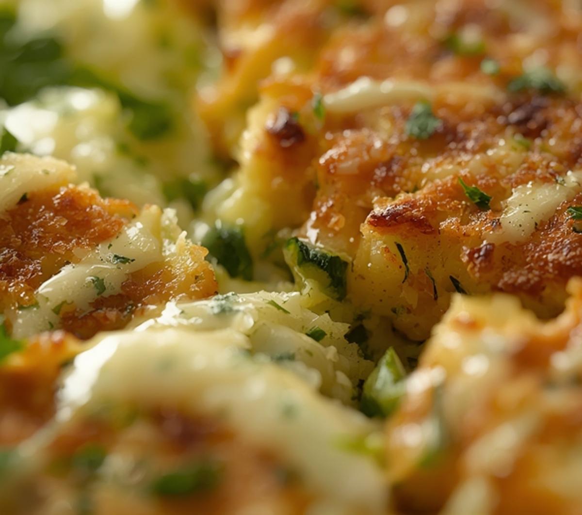Easy Keto Zucchini Fritters | Delicious & Healthy 2 Extreme close-up of Keto Zucchini Fritters, highlighting the crispy golden exterior, shredded zucchini, and melted Parmesan cheese. Droplets of sauce and parsley add visual appeal.