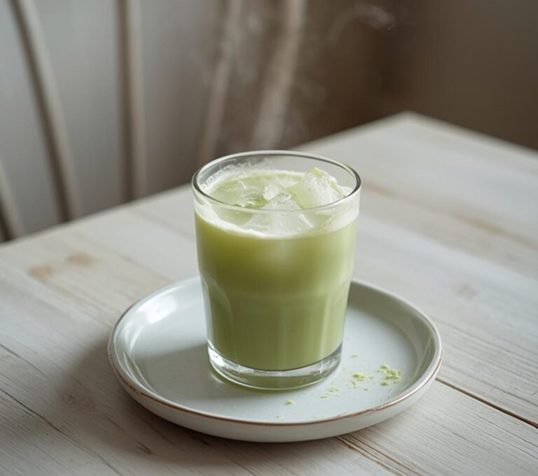 Matcha Coconut Detox Cooler: A creamy green Matcha Coconut Detox Cooler in a glass with ice, glistening and tropical.