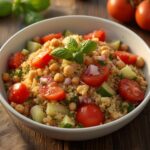 A vibrant bowl of Mediterranean Couscous Salad with tomatoes, cucumbers, chickpeas, and basil, a delicious and easy side dish.