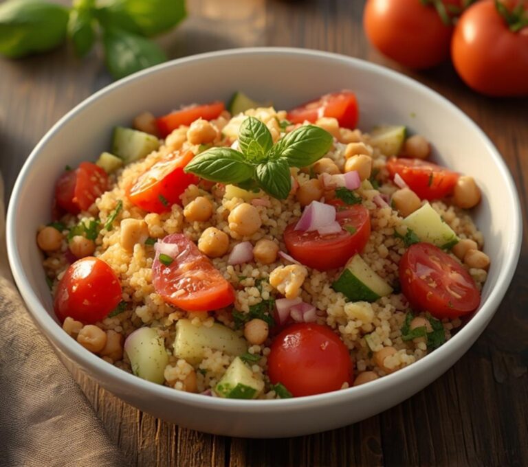 Home 12 A vibrant bowl of Mediterranean Couscous Salad with tomatoes, cucumbers, chickpeas, and basil, a delicious and easy side dish.