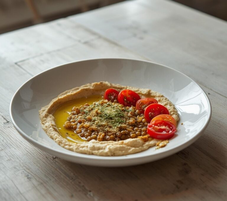 Home 10 Mediterranean Lentil Hummus Bowl: A vibrant Mediterranean Lentil Hummus Bowl with creamy hummus, amber lentils, fresh vegetables, and glistening olive oil.