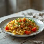 Mediterranean Orzo Pasta Salad: A bowl of Mediterranean Orzo Pasta Salad with cherry tomatoes, cucumber, olives, and feta cheese, glistening with olive oil and herbs.