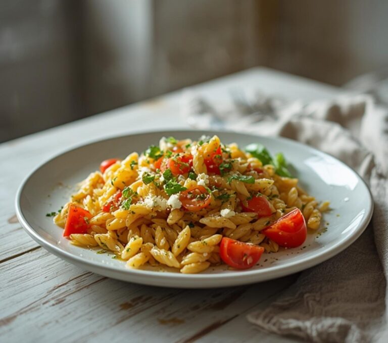 Home 6 Mediterranean Orzo Pasta Salad: A bowl of Mediterranean Orzo Pasta Salad with cherry tomatoes, cucumber, olives, and feta cheese, glistening with olive oil and herbs.