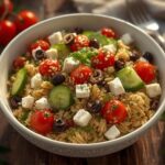 A bright and colorful Mediterranean Orzo Pasta Salad featuring orzo pasta, cherry tomatoes, cucumber, olives, Asiago cheese, and fresh herbs, perfect for a refreshing meal.