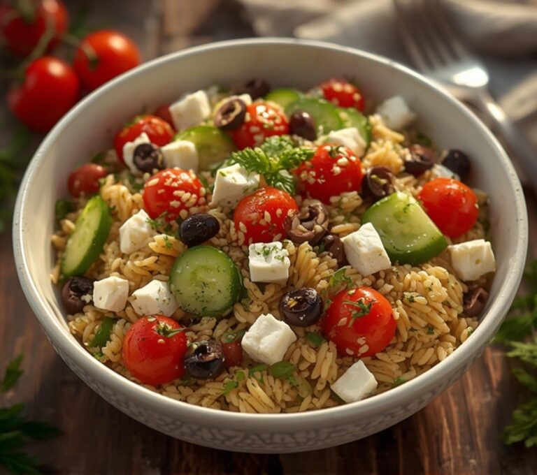 Home 7 A bright and colorful Mediterranean Orzo Pasta Salad featuring orzo pasta, cherry tomatoes, cucumber, olives, Asiago cheese, and fresh herbs, perfect for a refreshing meal.