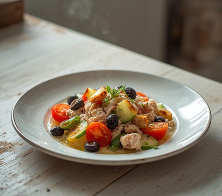 Home 11 Mediterranean Tuna Salad: Mediterranean Tuna Salad in a bowl with ruby-red tomatoes and glistening olive oil