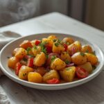 Mediterranean Warm Potato Salad: A warm Mediterranean potato salad with golden potatoes, ruby-red tomatoes, and green herbs in a bowl.
