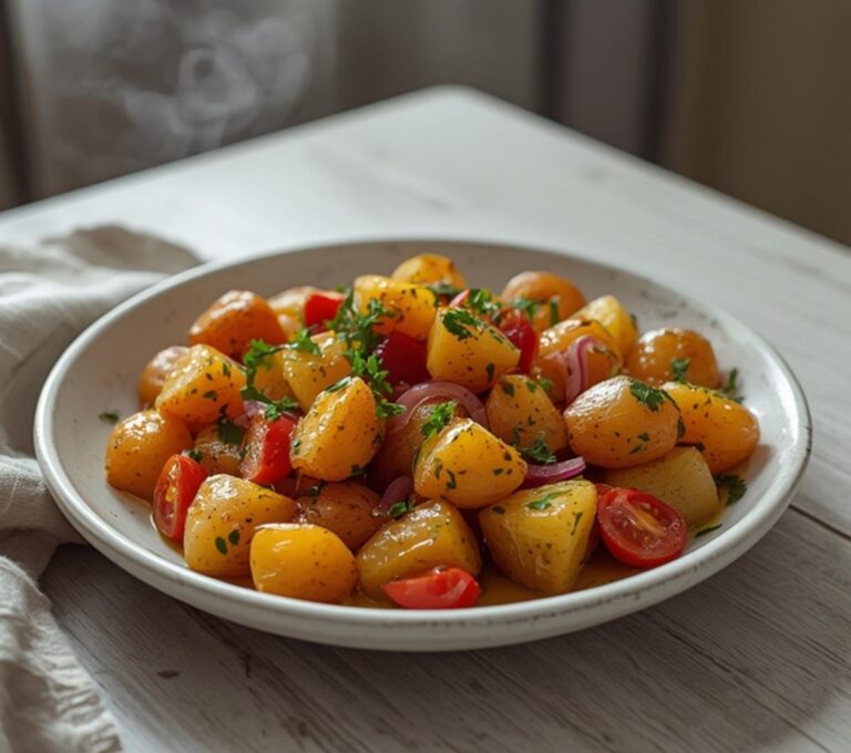 Home 6 Mediterranean Warm Potato Salad: A warm Mediterranean potato salad with golden potatoes, ruby-red tomatoes, and green herbs in a bowl.