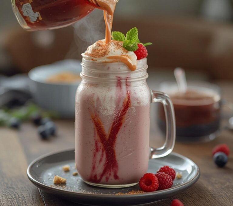 Metabolism Boost Protein Shake: Creamy Metabolism Boost Protein Shake in a glass with ruby-red berries and a cinnamon sprinkle.