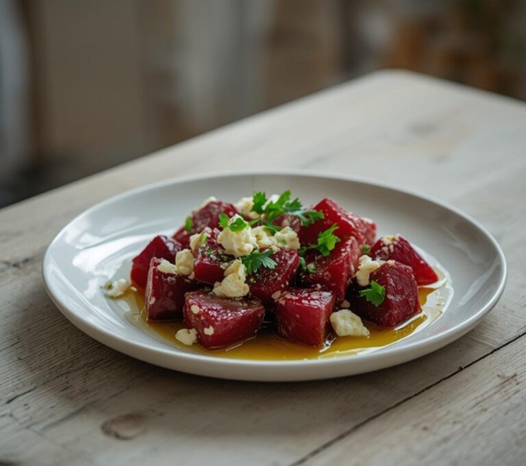 Home 10 Middle Eastern Beet Salad: Vibrant Middle Eastern beet salad with ruby-red beets, fresh herbs, and creamy feta on a white plate.