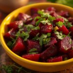 A vibrant Middle Eastern Beet Salad with fresh parsley and a light vinaigrette, served in a yellow bowl, showcasing the rich color and texture of the beets.