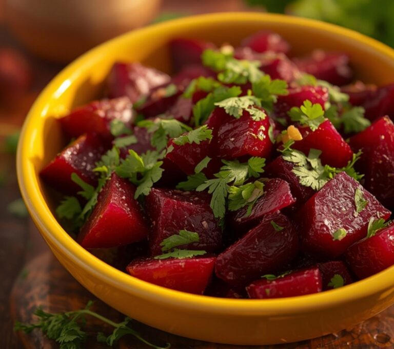 Home 11 A vibrant Middle Eastern Beet Salad with fresh parsley and a light vinaigrette, served in a yellow bowl, showcasing the rich color and texture of the beets.