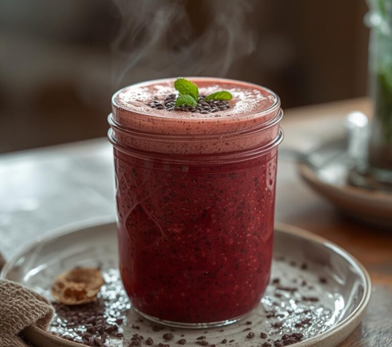 Mixed Berry Keto Smoothie: A glass of creamy, ruby-red mixed berry keto smoothie on a wooden table with fresh berries nearby.