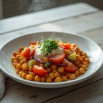Moroccan Spiced Chickpea Salad: Moroccan Spiced Chickpea Salad in a bowl with golden chickpeas, ruby-red tomatoes, and fresh parsley.