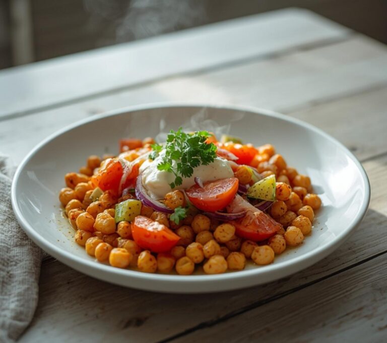 Home 11 Moroccan Spiced Chickpea Salad: Moroccan Spiced Chickpea Salad in a bowl with golden chickpeas, ruby-red tomatoes, and fresh parsley.