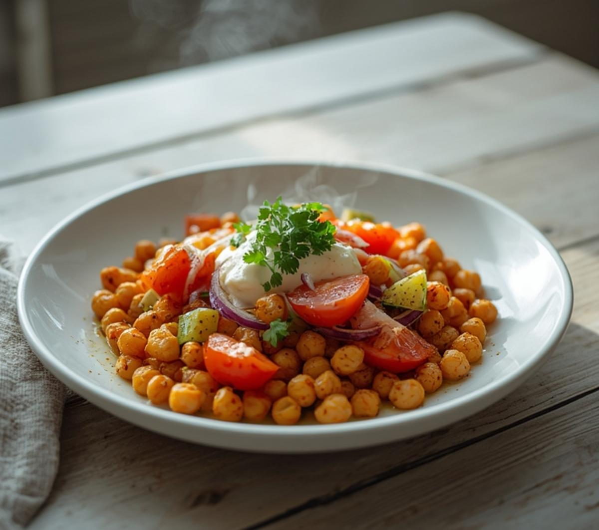 Easy Moroccan Spiced Chickpea Salad Recipe 4 Moroccan Spiced Chickpea Salad: Moroccan Spiced Chickpea Salad in a bowl with golden chickpeas, ruby-red tomatoes, and fresh parsley.