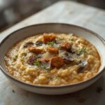 Mushroom Thyme Risotto: Creamy mushroom thyme risotto in a rustic bowl with golden mushrooms and melted parmesan.