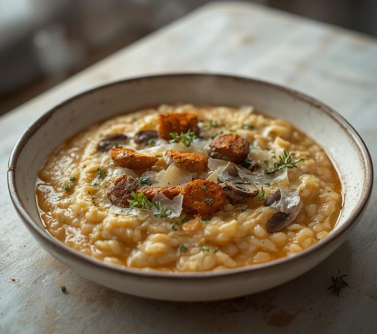 Mushroom Thyme Risotto: Creamy mushroom thyme risotto in a rustic bowl with golden mushrooms and melted parmesan.