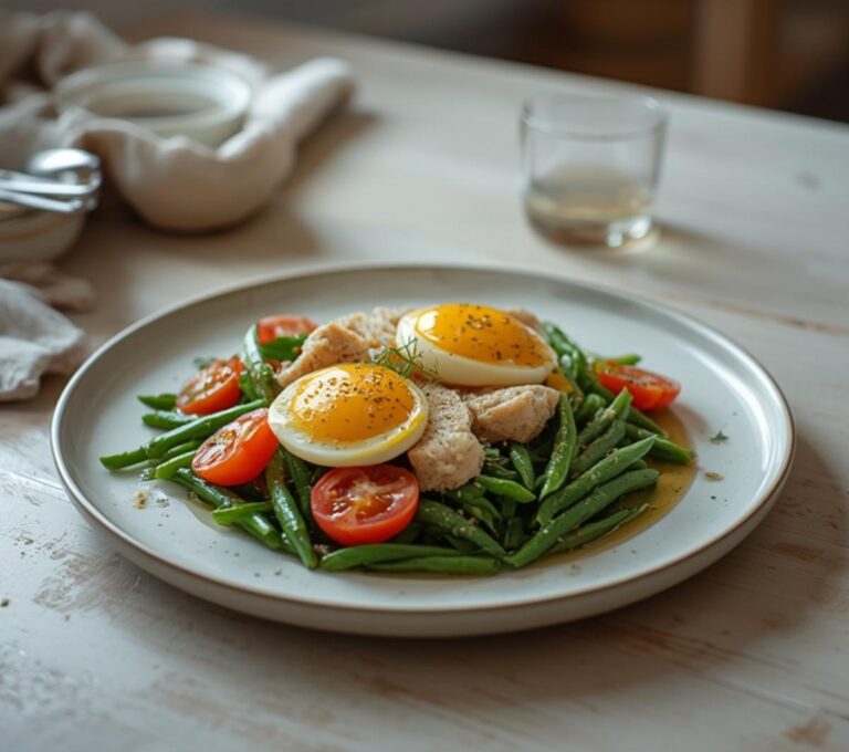 Niçoise Salad: Fresh Niçoise Salad with flaky tuna, golden eggs, and crisp greens on a rustic table.