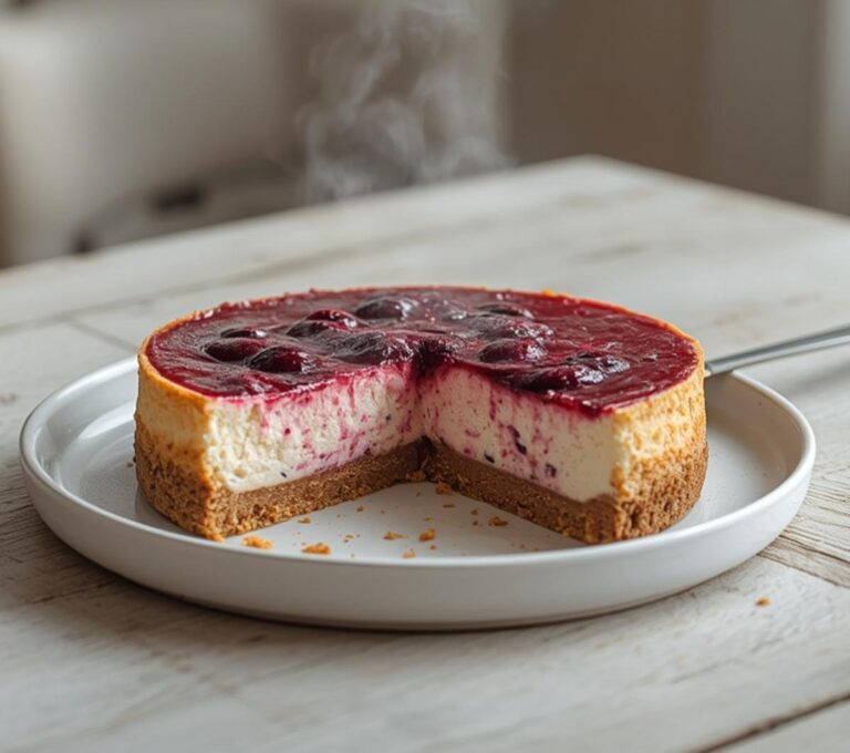 No Bake Berry Cheesecake: Creamy no bake berry cheesecake with ruby-red berries on a graham cracker crust, no oven needed.