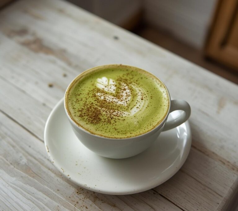 Oat Milk Matcha Latte: Creamy oat milk matcha latte in a mug with a frothy green top and light dusting of matcha powder.