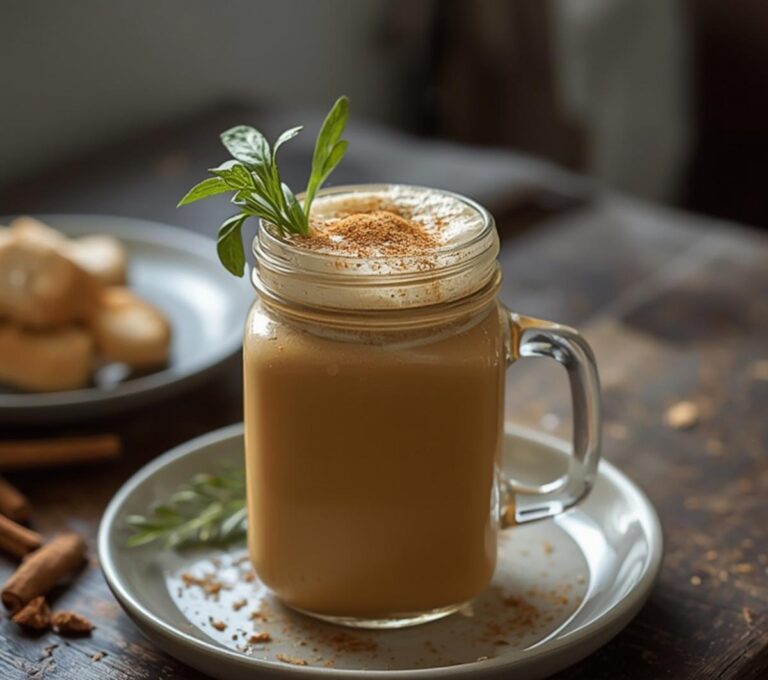 Oatzempic Drink: Creamy amber Oatzempic drink in a glass with cinnamon, a weight loss beverage for morning energy.