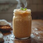 Peanut Butter Banana Smoothie: Creamy peanut butter banana smoothie in a glass with a frothy top and caramel-brown color.
