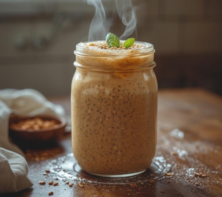 Peanut Butter Banana Smoothie: Creamy peanut butter banana smoothie in a glass with a frothy top and caramel-brown color.