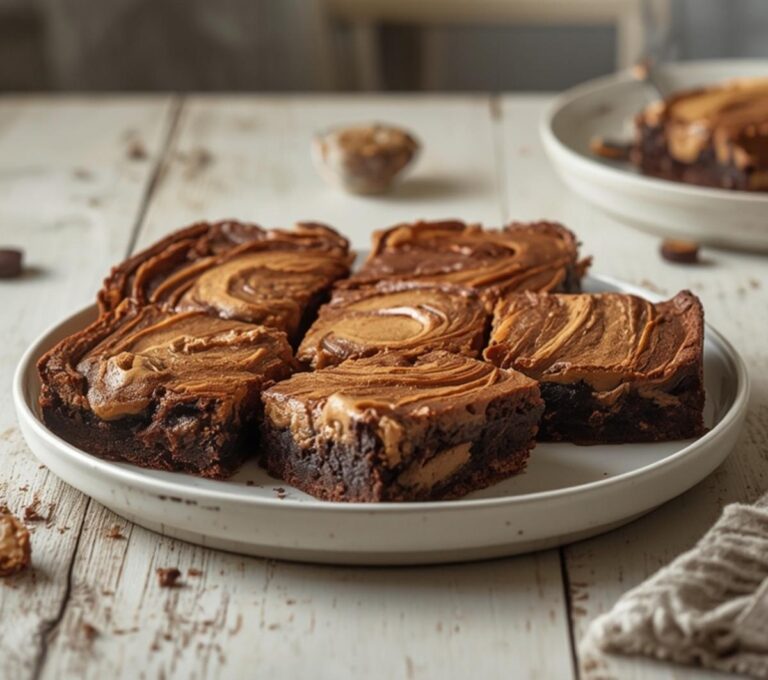Home 14 Peanut Butter Swirl Brownies: Peanut Butter Swirl Brownies with glistening caramel-brown top and creamy peanut butter patterns on a dark surface.