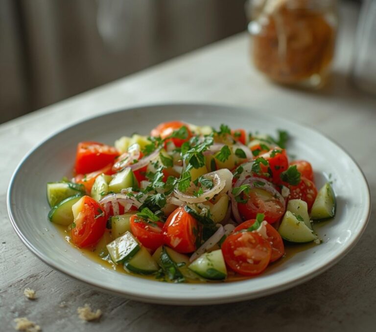Persian Cucumber Tomato Salad: Fresh Persian Cucumber Tomato Salad in a white bowl with glistening dressing, showcasing crisp cucumbers and ruby-red tomatoes.
