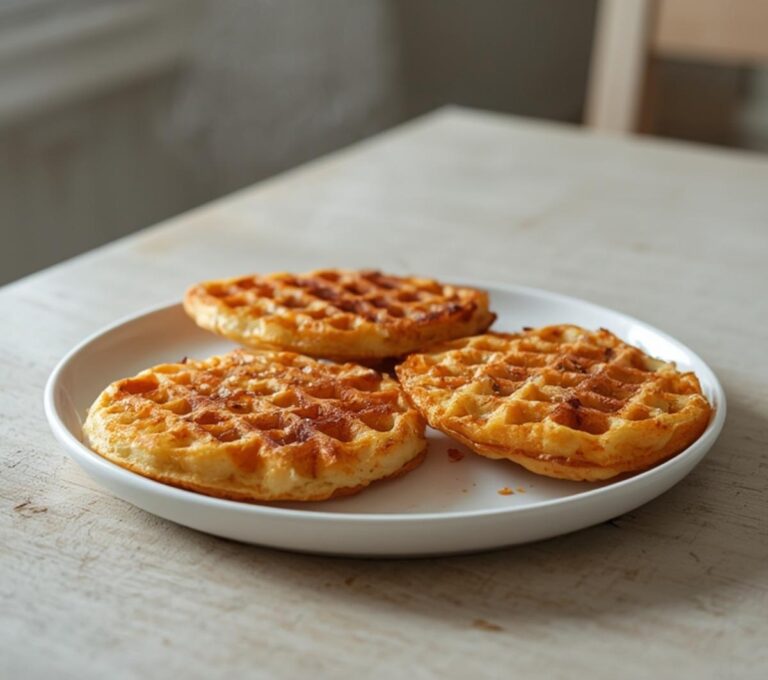Home 7 Pumpkin Spice Chaffles: Golden crispy pumpkin spice chaffles stacked on a plate with a dusting of cinnamon, perfect for a keto breakfast.