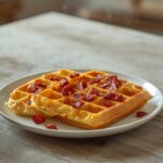 Savory Bacon Cheese Chaffles: Crispy golden Savory Bacon Cheese Chaffles with melted cheese and bacon bits on a plate.