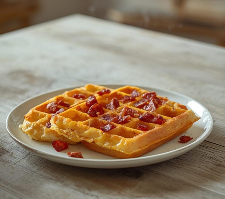 Home 11 Savory Bacon Cheese Chaffles: Crispy golden Savory Bacon Cheese Chaffles with melted cheese and bacon bits on a plate.
