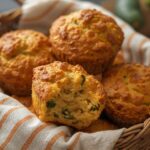 Golden brown Savory Zucchini Muffins Keto, baked to perfection in a basket, showcasing their tender crumb and savory ingredients.