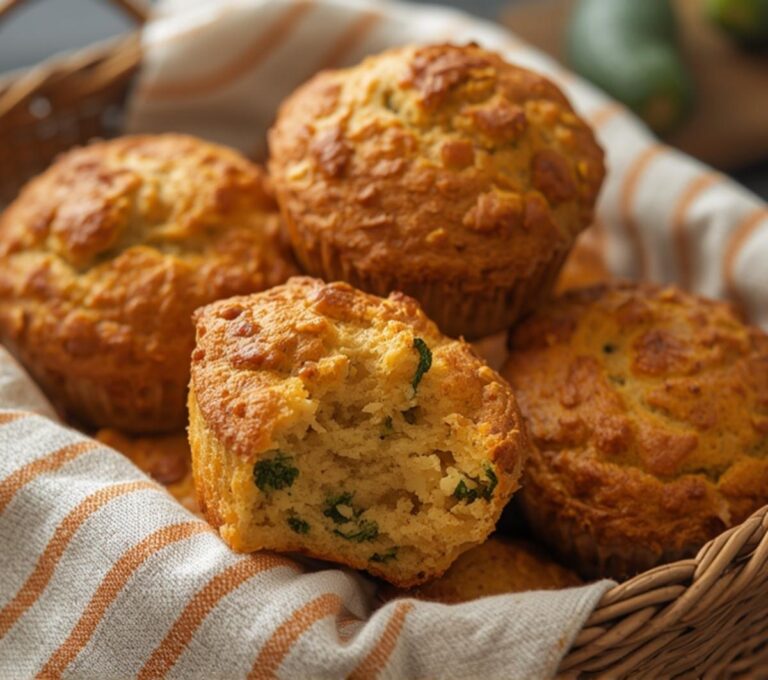 Golden brown Savory Zucchini Muffins Keto, baked to perfection in a basket, showcasing their tender crumb and savory ingredients.
