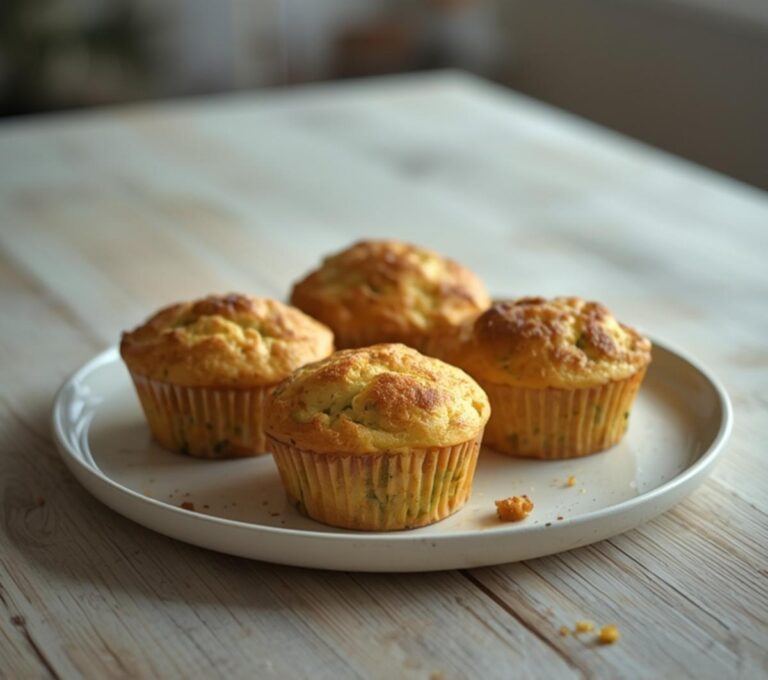 Savory Zucchini Muffins Keto: Golden savory zucchini muffins keto breakfast with green flecks on a plate.
