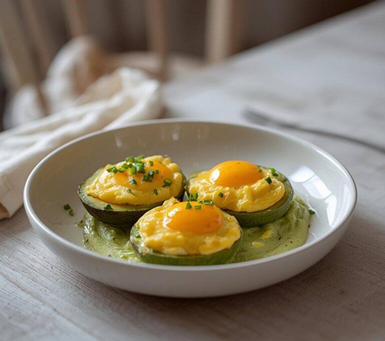 Home 6 Scrambled Egg Avocado Bowl: Creamy golden scrambled eggs on sliced avocado in a white bowl with chives, keto breakfast idea