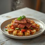 Seared Tuna Panzanella: Ruby-red seared tuna over crisp panzanella salad with tomatoes and basil in a Mediterranean style bowl.