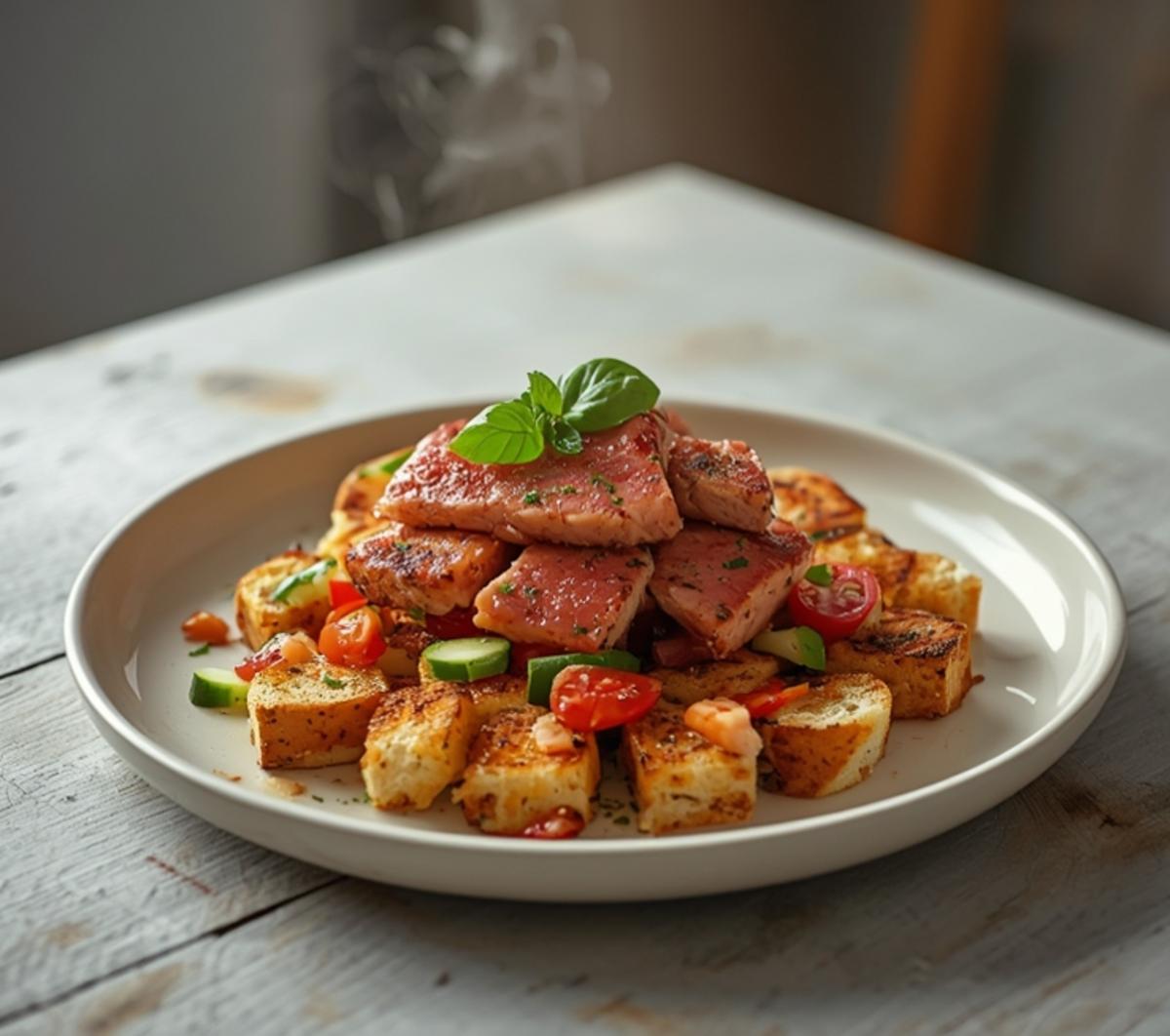 Easy Seared Tuna Panzanella for Light Summer Nights 4 Seared Tuna Panzanella: Ruby-red seared tuna over crisp panzanella salad with tomatoes and basil in a Mediterranean style bowl.