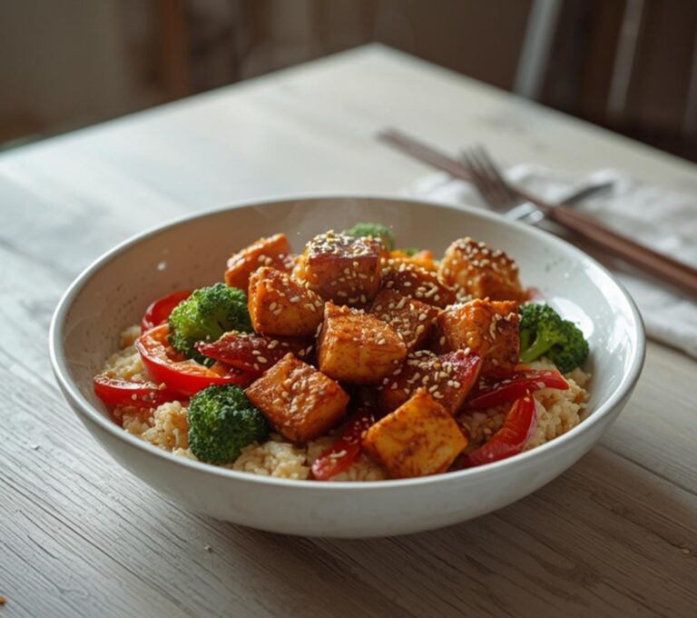 Sesame Ginger Tofu Bowl: Sesame ginger tofu bowl with golden crispy tofu, green broccoli, and ruby-red peppers over rice, topped with toasted sesame seeds.