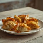Sheet Pan Potstickers: Crispy sheet pan potstickers with golden edges on a baking sheet for a keto snack.