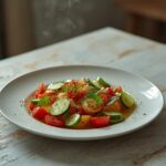 Shirazi Salad: A bright bowl of Shirazi Salad with diced cucumbers, tomatoes, and red onion, glistening with olive oil and topped with mint.
