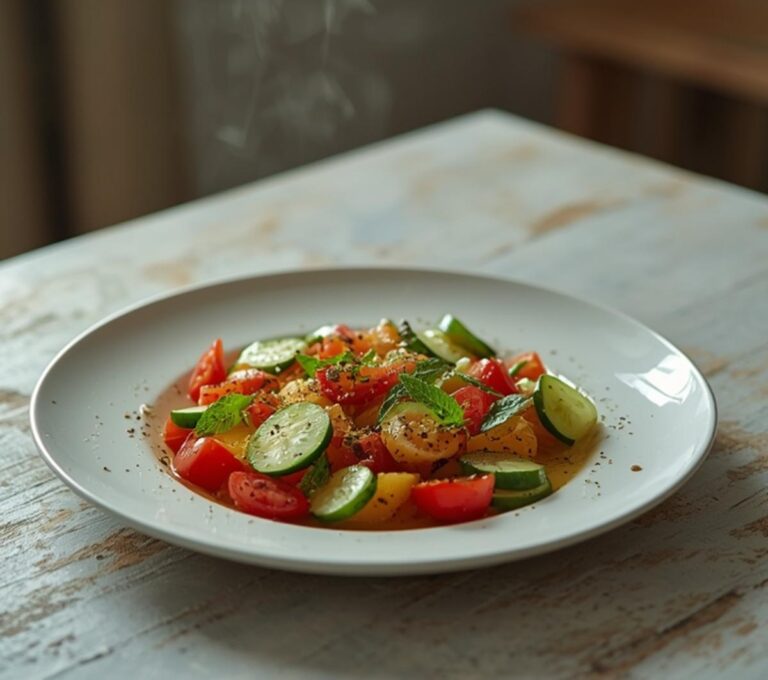 Home 8 Shirazi Salad: A bright bowl of Shirazi Salad with diced cucumbers, tomatoes, and red onion, glistening with olive oil and topped with mint.