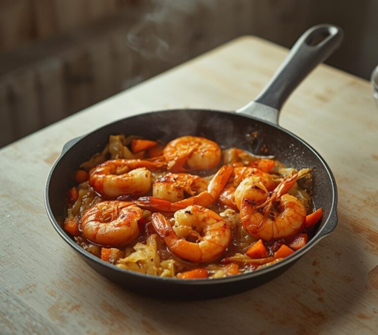 Shrimp Egg Roll Skillet: Crispy Shrimp Egg Roll Skillet in a pan with golden cabbage and glistening shrimp.