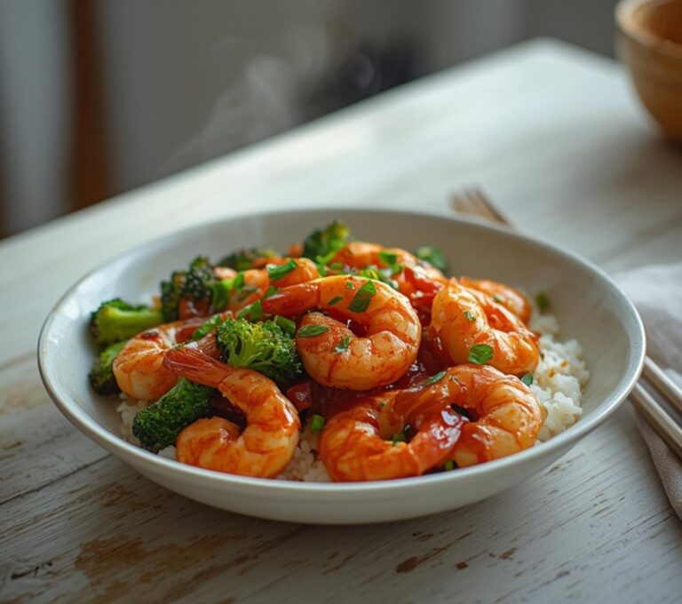 Soy Garlic Shrimp Bowl: Soy garlic shrimp bowl with glossy shrimp, broccoli, and rice in a white bowl.