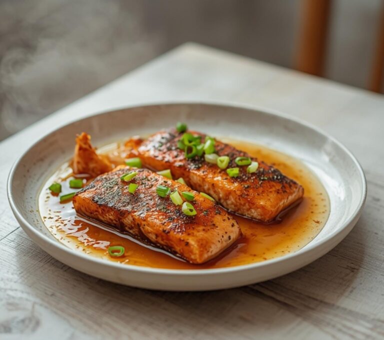 Soy Ginger Salmon: Glistening glazed soy ginger salmon fillets in a skillet with fresh green onions