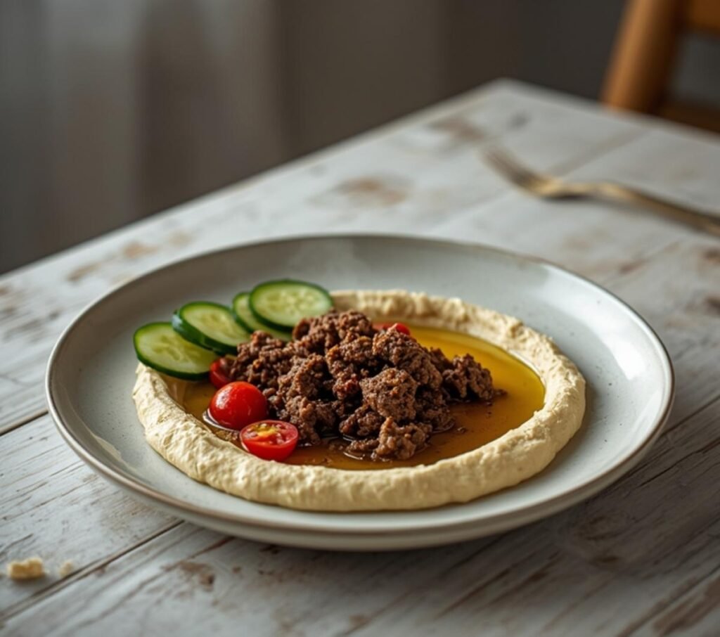 Spiced Beef Hummus Plate: Spiced beef hummus plate with creamy hummus, crispy beef, and fresh veggies for a keto snack.