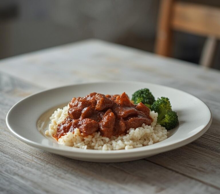Spicy Beef Bulgogi Bowl: Spicy beef bulgogi bowl with caramelized beef, fluffy rice, and steamed broccoli on a white plate.