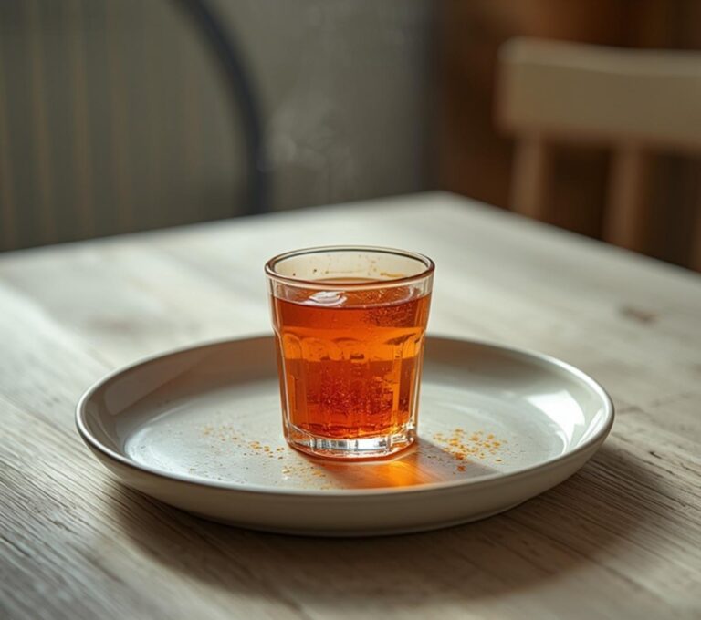 Spicy Cayenne Lemon Shot: Spicy Cayenne Lemon Shot in a glass, ruby-red with a bright golden surface for a morning energy boost.